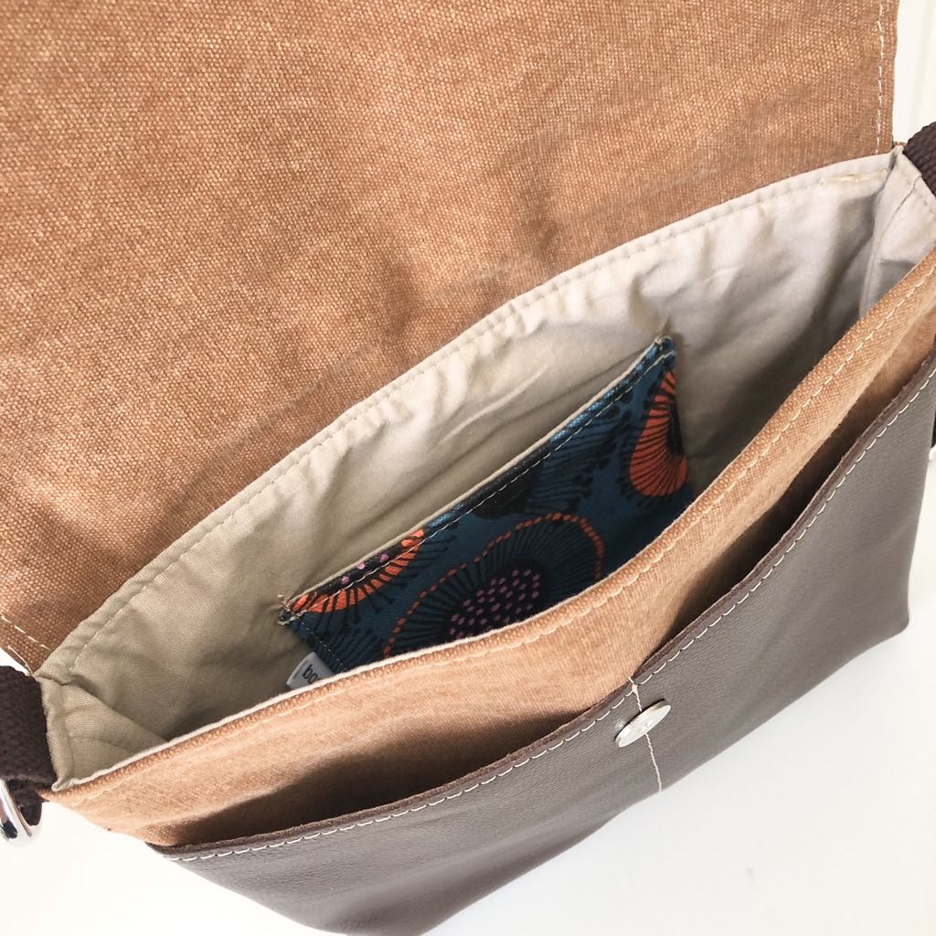 Tan Canvas and Brown Leather Crossbody Bag with Gum Blossom