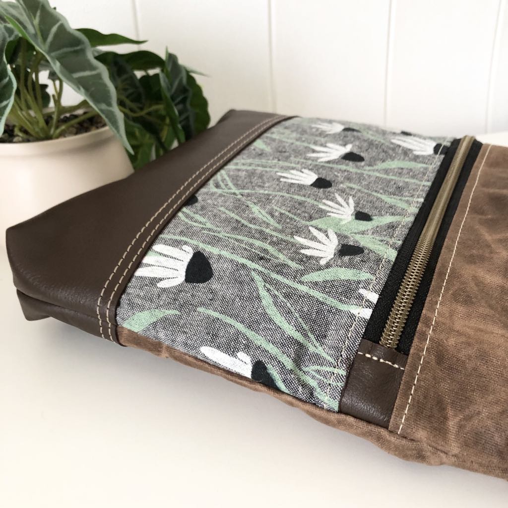 Leather, Waxed Canvas and Coneflower Fabric Zipper Handbag