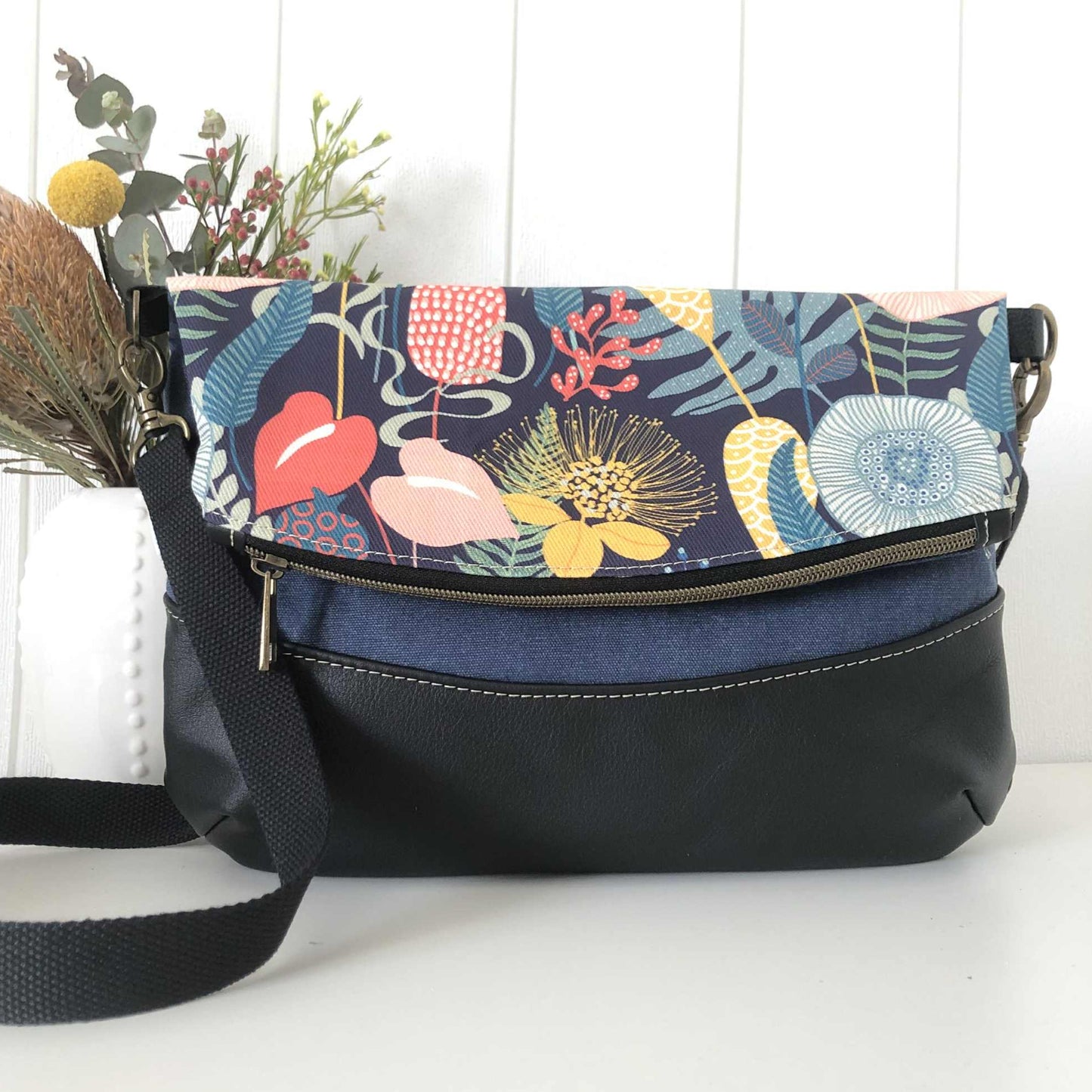 Fold Over Bag in Black Leather, Blue Canvas and Retro Garden