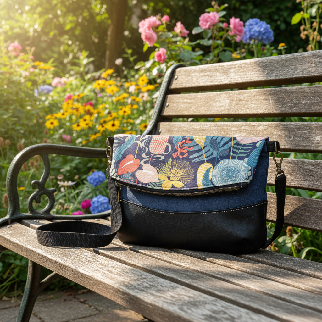 Hovea Fold Over Bag in Black Leather, Blue Canvas and Retro Garden