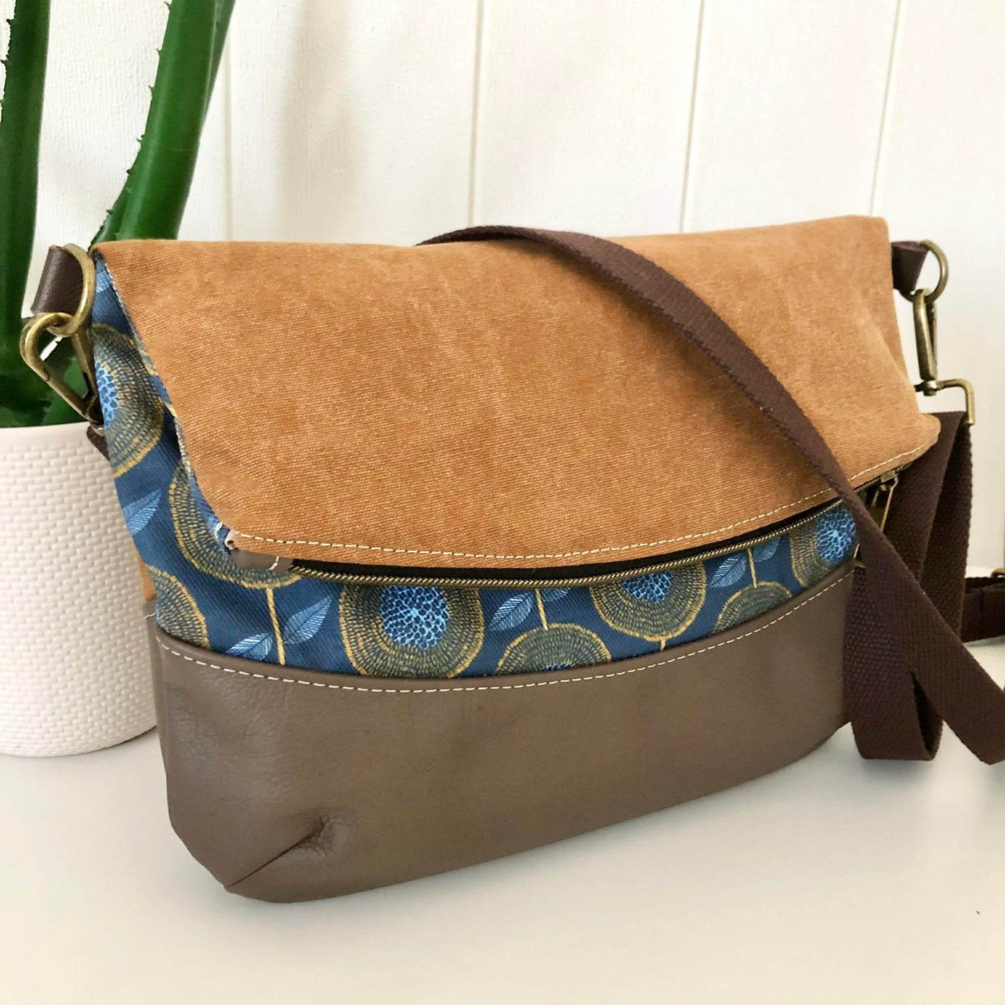 Hovea Fold Over Bag in Brown Leather, Tan Canvas and Modern Floral