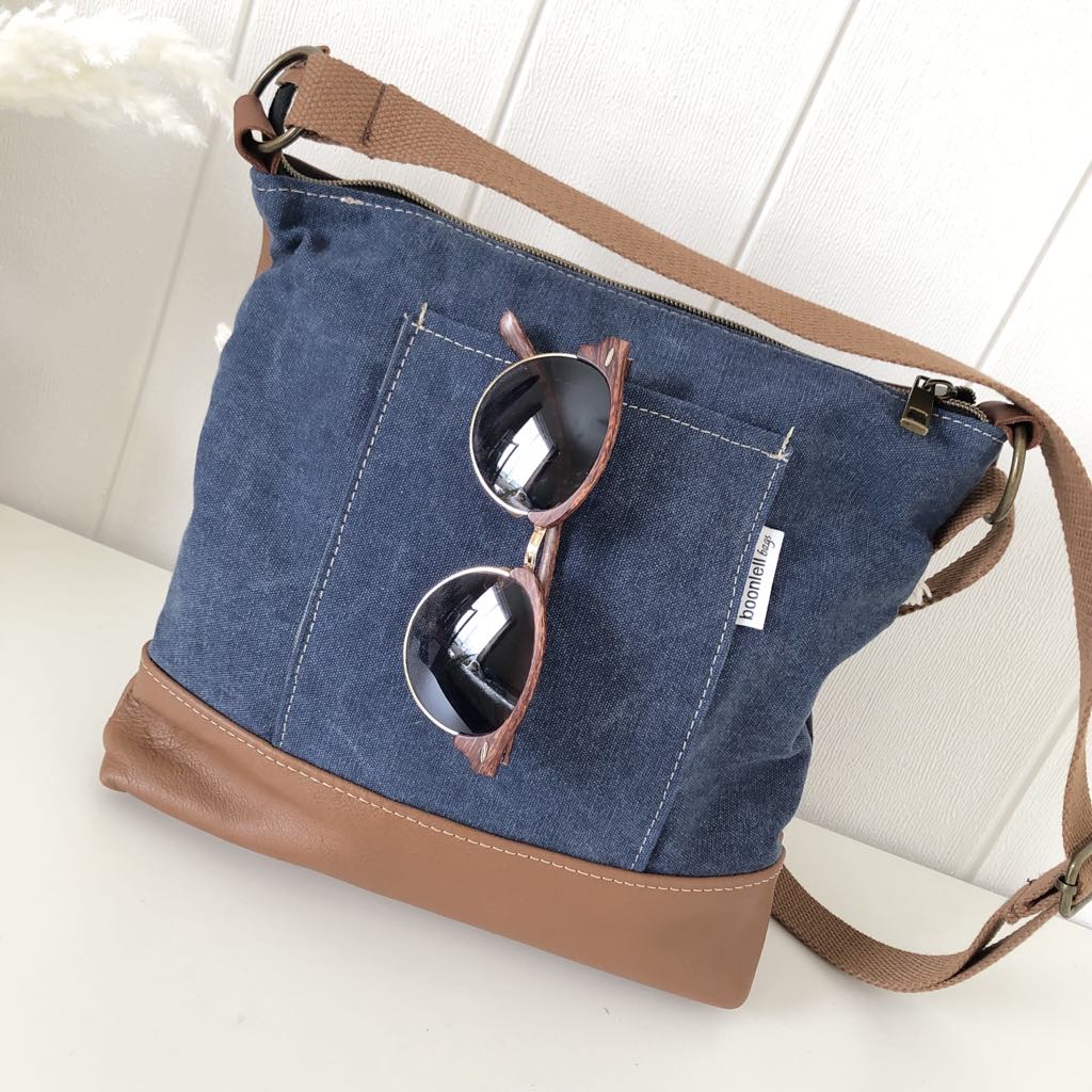 Brown Leather and Canvas Crossbody Bag with Hydrangea Fabric