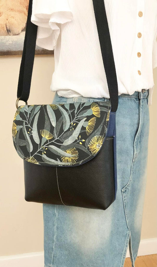 Cassinia Crossbody Bag - Blue Canvas and Black Leather with Yellow Eucalyptus