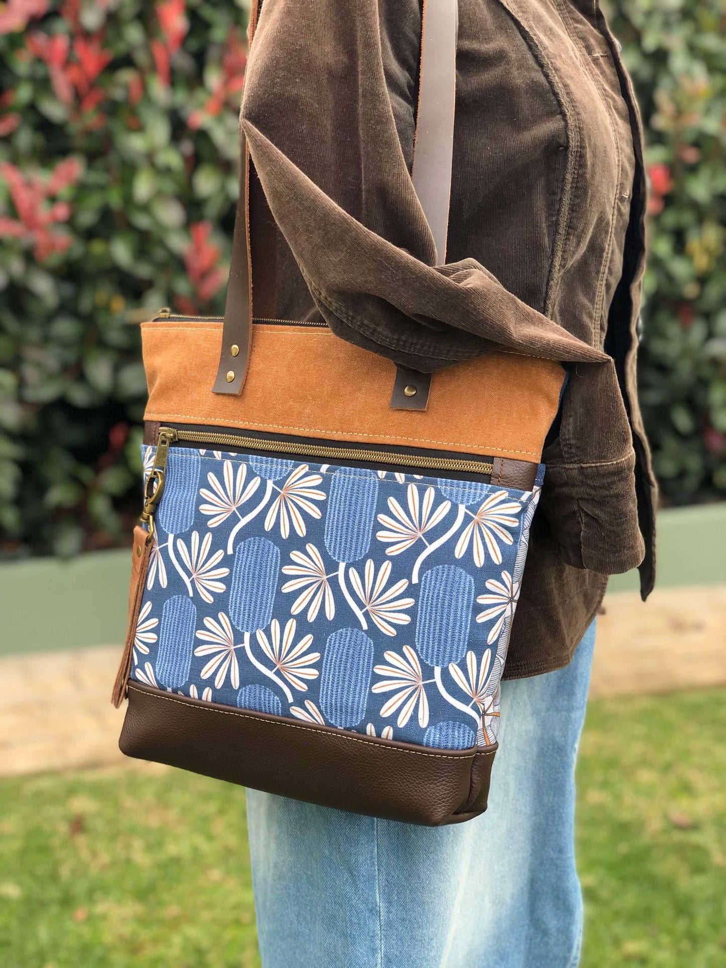 Dark Brown Leather, Canvas and Banksia Fabric Tote Bag