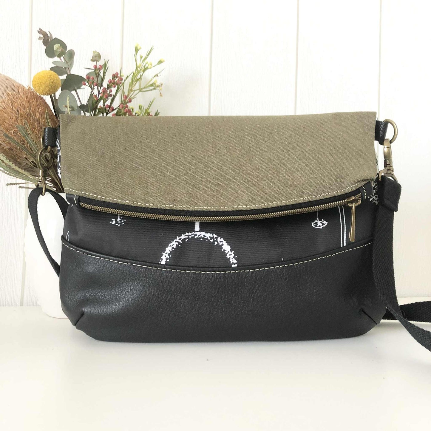 Fold Over Bag in Black Leather, Green Canvas and Dandelion