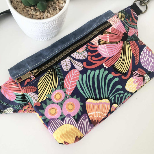 Belt Bag with Wild Protea and Blue Waxed Canvas