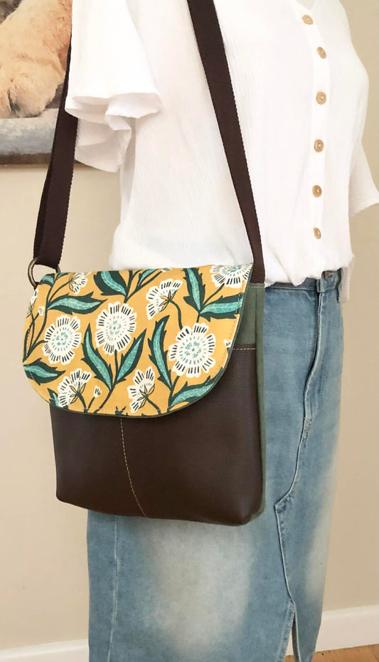 Cassinia Crossbody Bag - Green Canvas & Brown Leather with Evarie Print