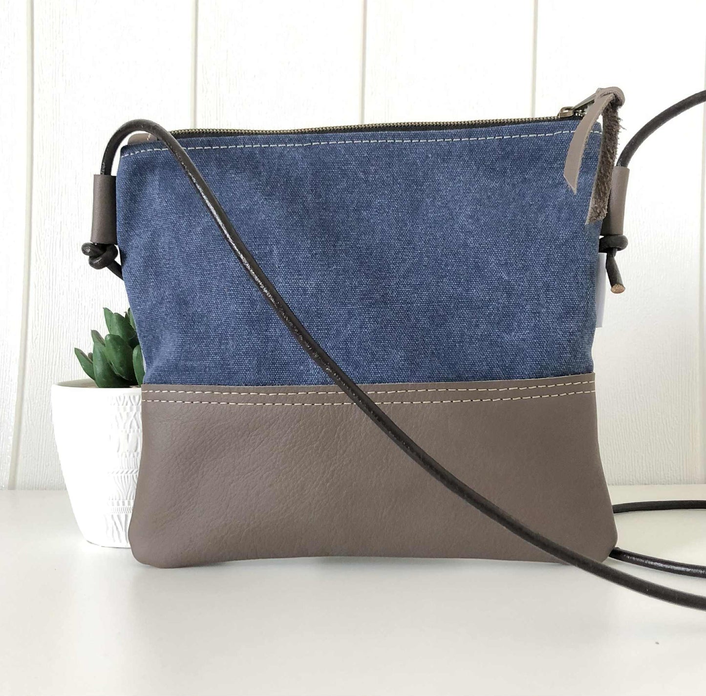 Gumnut Crossbody Bag in Blue Canvas, Brown Leather and Waratah