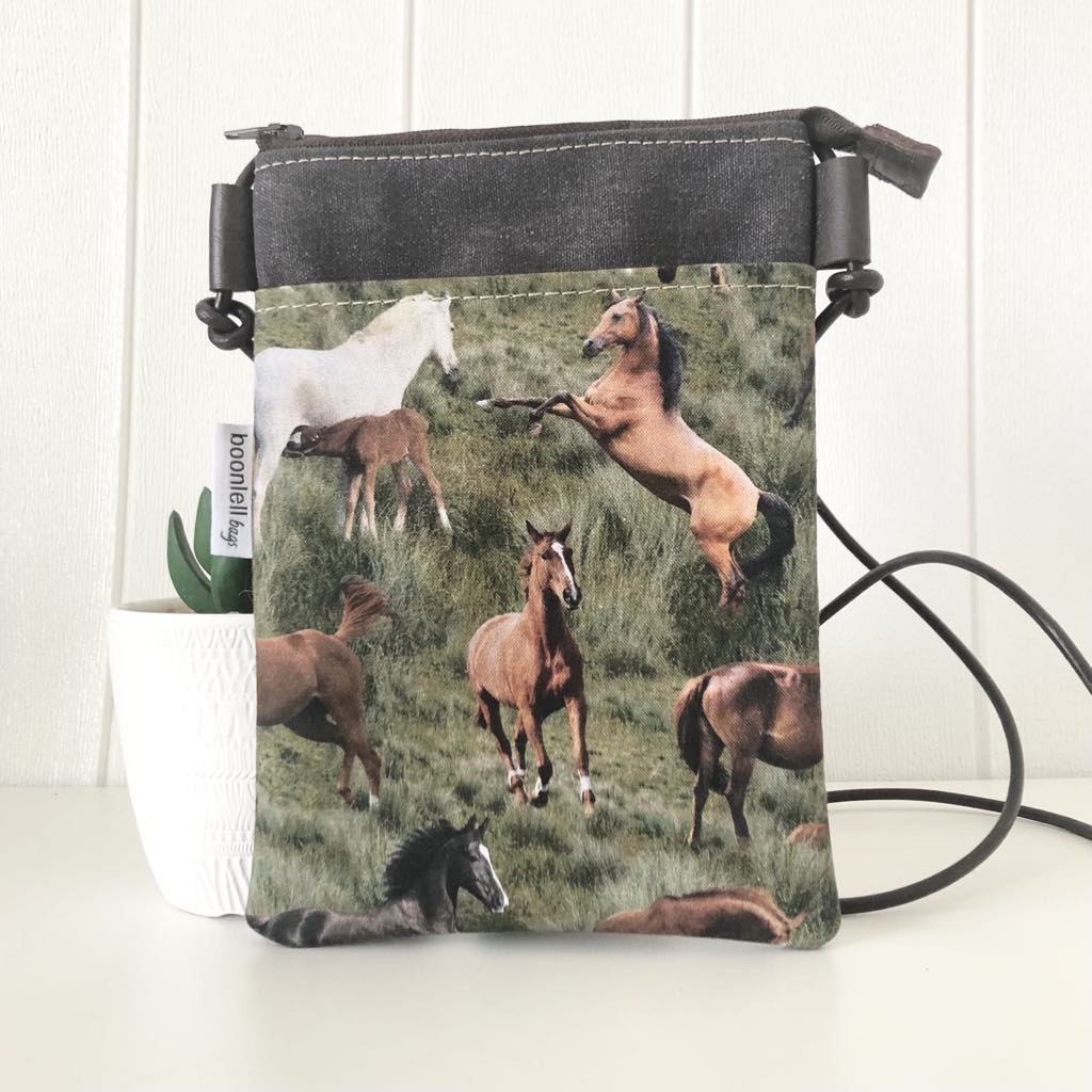 Grey Canvas with Horses Phone Sling Crossbody Bag