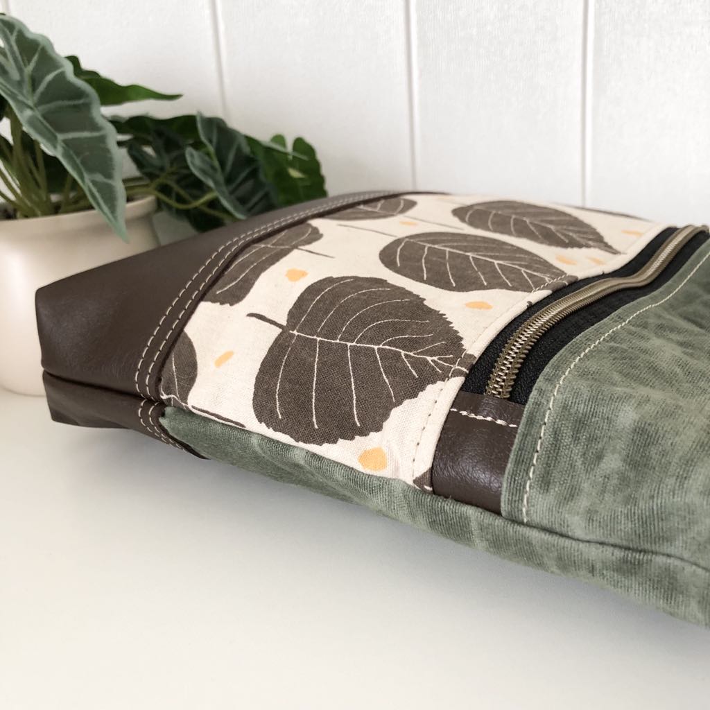 Leather, Waxed Canvas and Leaf Fabric Zipper Handbag