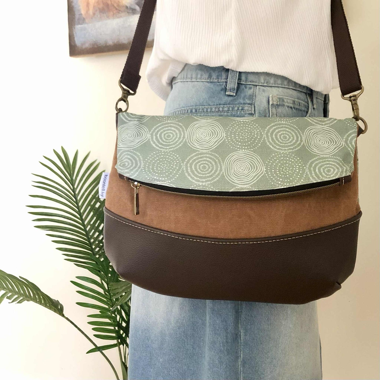 Fold Over Bag in Brown Leather, Tan Canvas and Tree Ring Fabric