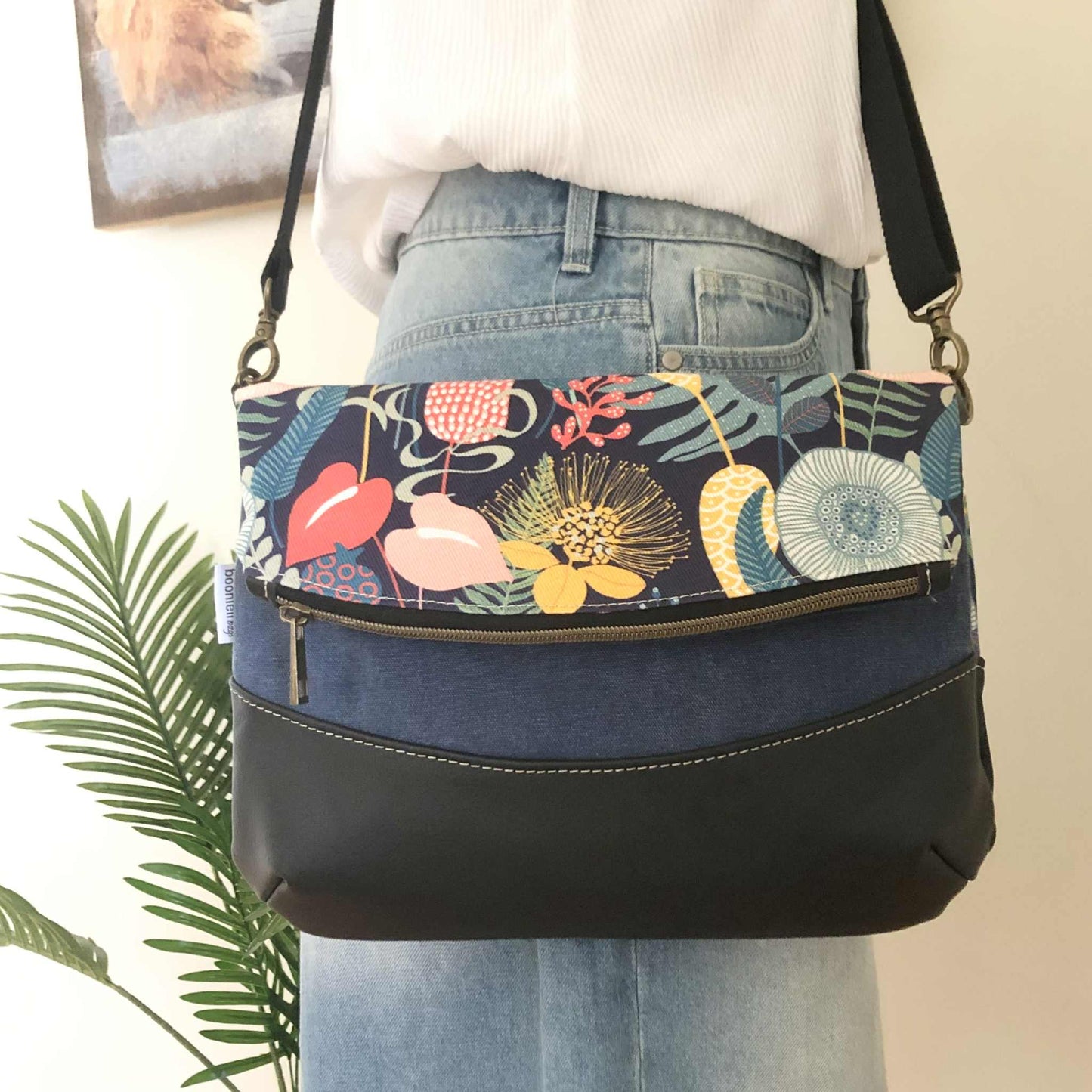 Fold Over Bag in Black Leather, Blue Canvas and Retro Garden