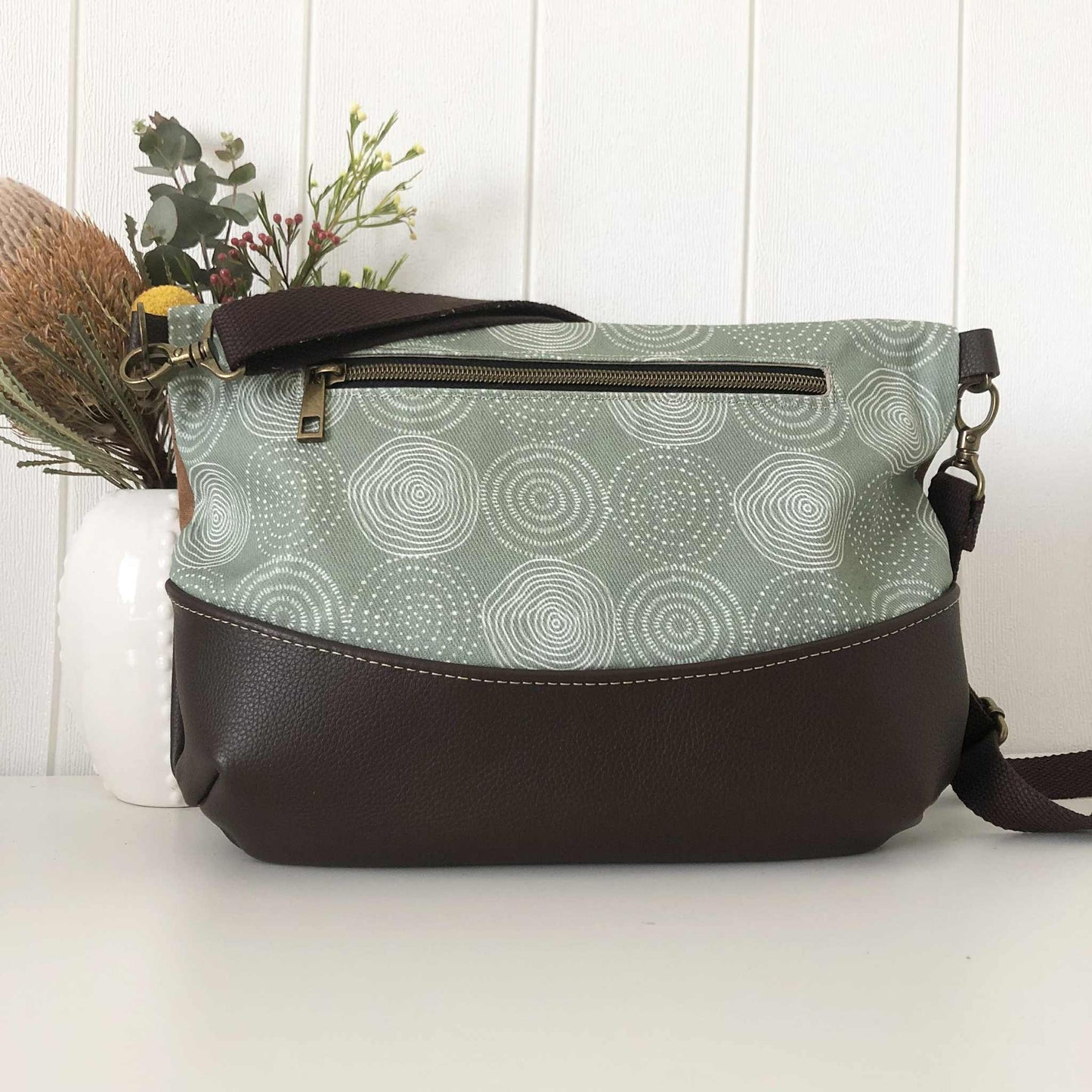 Fold Over Bag in Brown Leather, Tan Canvas and Tree Ring Fabric