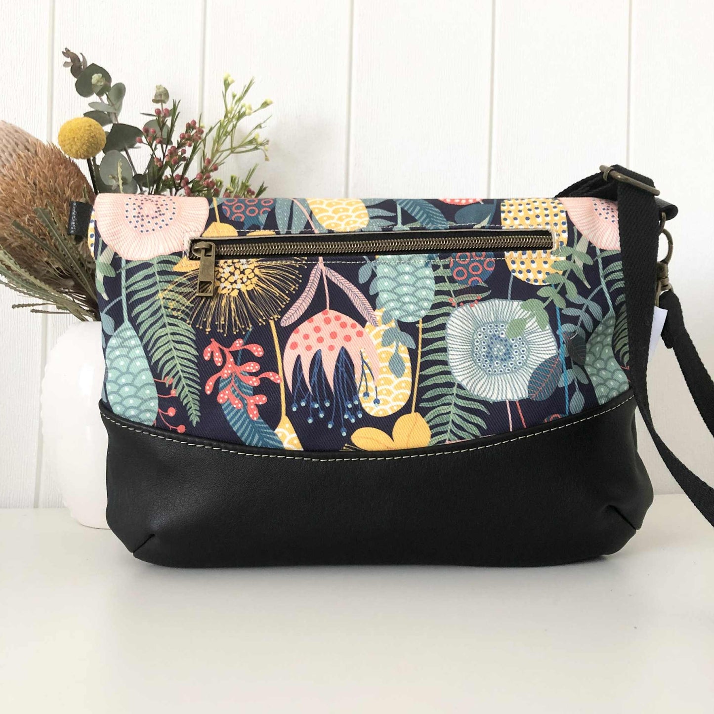 Fold Over Bag in Black Leather, Blue Canvas and Retro Garden