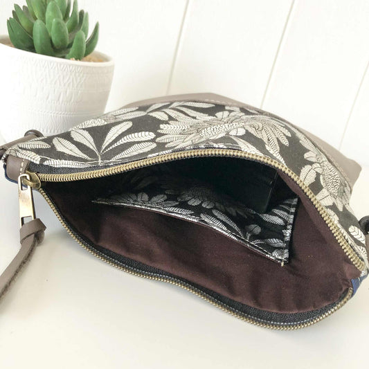 Gumnut Crossbody Bag in Blue Canvas, Brown Leather and Waratah