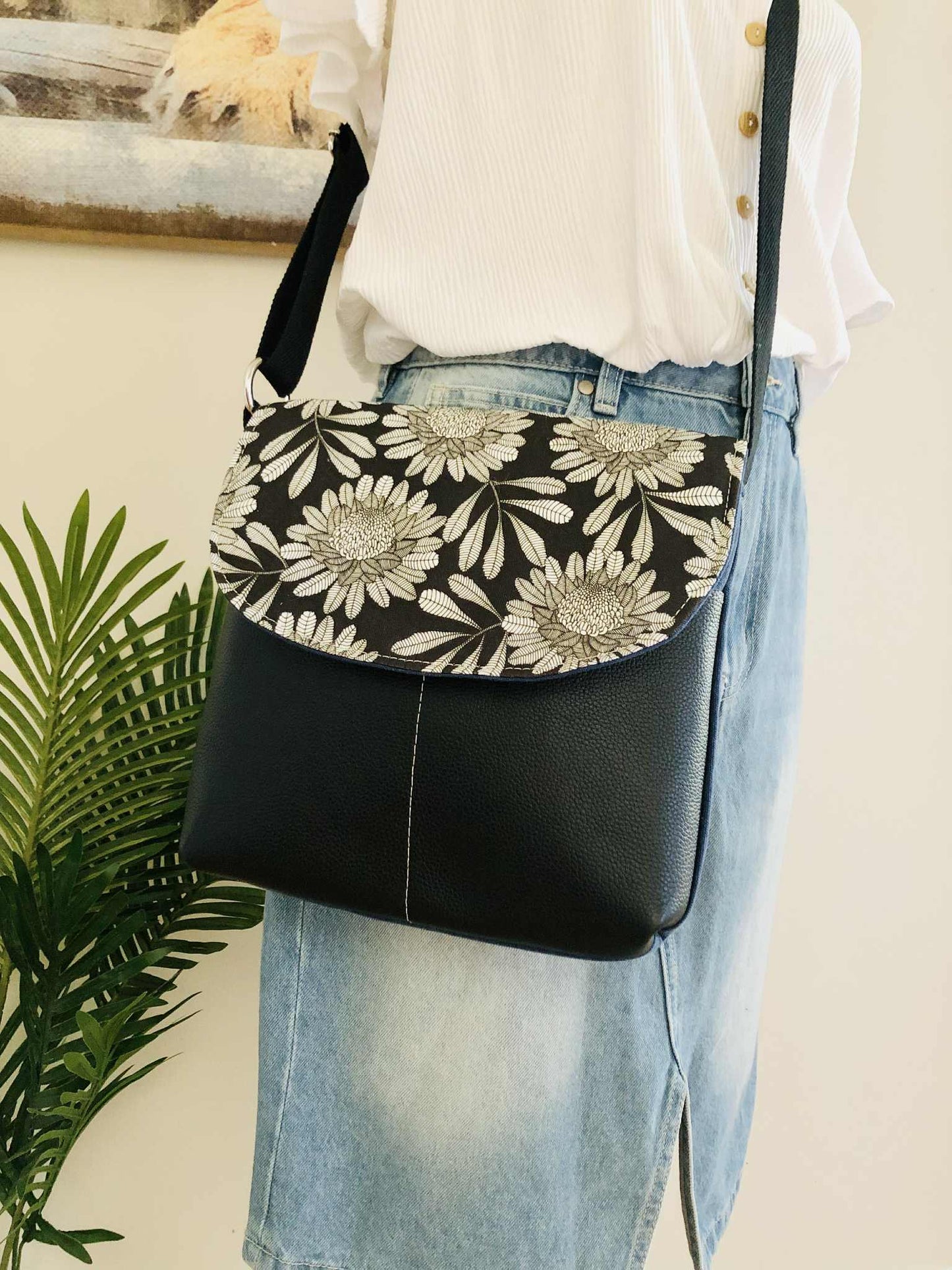 Cassinia Crossbody Bag - Blue Canvas and Black Leather with Waratah