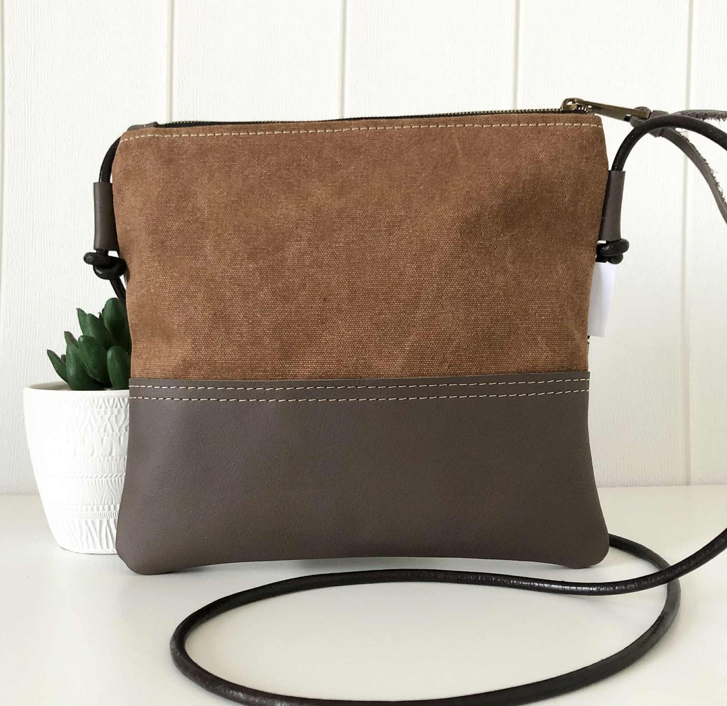 Gumnut Crossbody Bag in Tan Canvas, Brown Leather and Neutral Natives