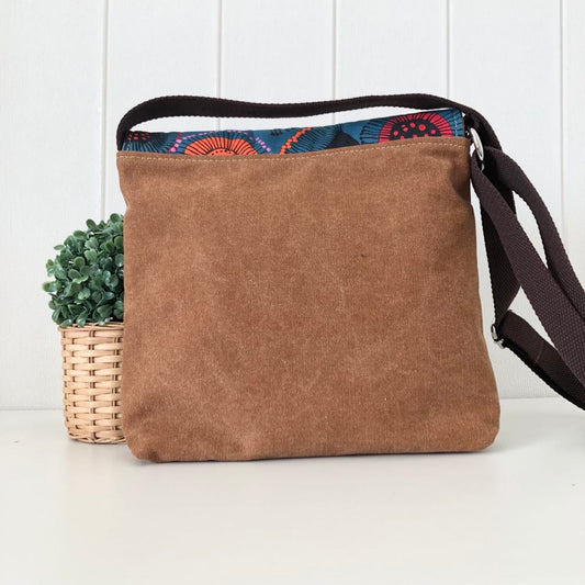 Cassinia Crossbody Bag - Tan Canvas and Brown Leather with Gum Blossom