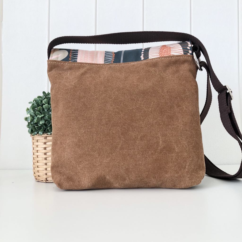 Tan Canvas and Brown Leather Crossbody Bag with Banksia