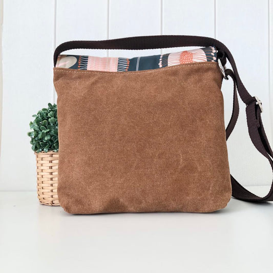 Cassinia Crossbody Bag - Tan Canvas and Brown Leather with Banksia