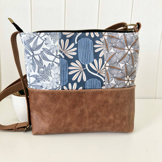 Brown Distressed Leather and Native Flower Patchwork Zipper Handbag