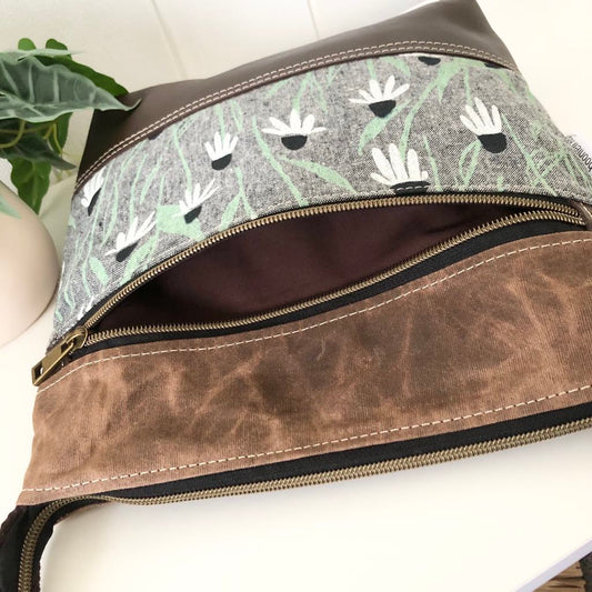 Acacia Zipper Bag in Leather, Waxed Canvas and Coneflower Fabric