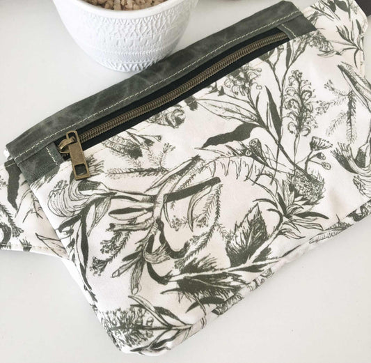 Belt Bag with Bush Blooms and Green Waxed Canvas