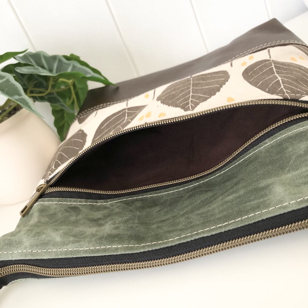 Leather, Waxed Canvas and Leaf Fabric Zipper Handbag