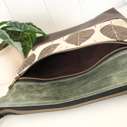 Acacia Zipper Bag in Leather, Waxed Canvas and Leaf Fabric