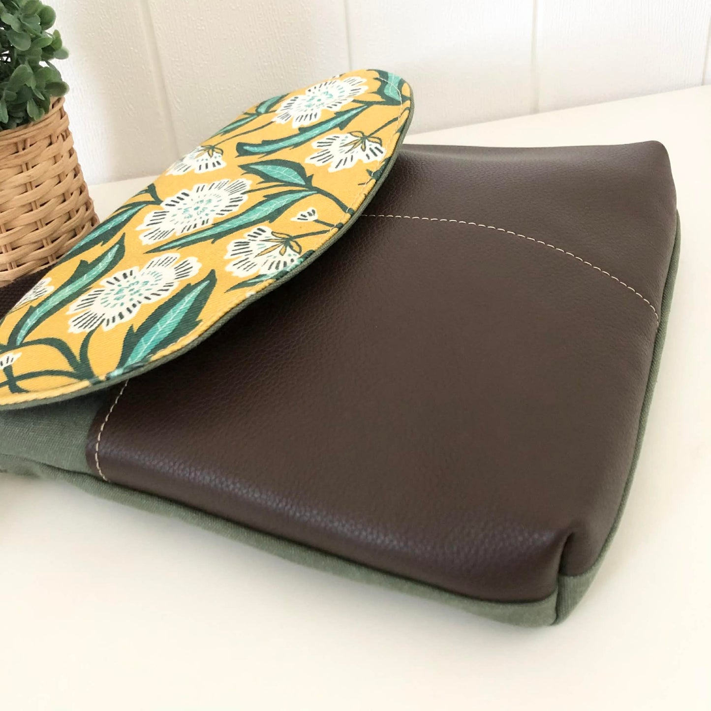 Cassinia Crossbody Bag - Green Canvas & Brown Leather with Evarie Print