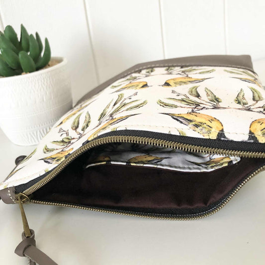 Gumnut Crossbody Bag in Green Canvas, Brown Leather and Chatting Birds