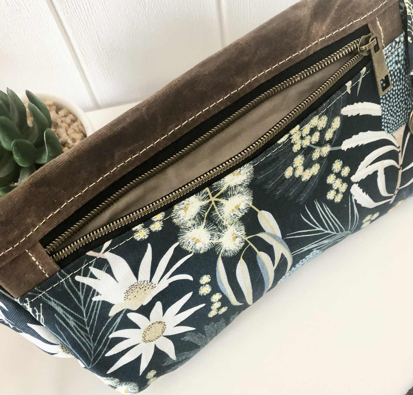 Belt Bag with Moonlight Flora and Brown Waxed Canvas