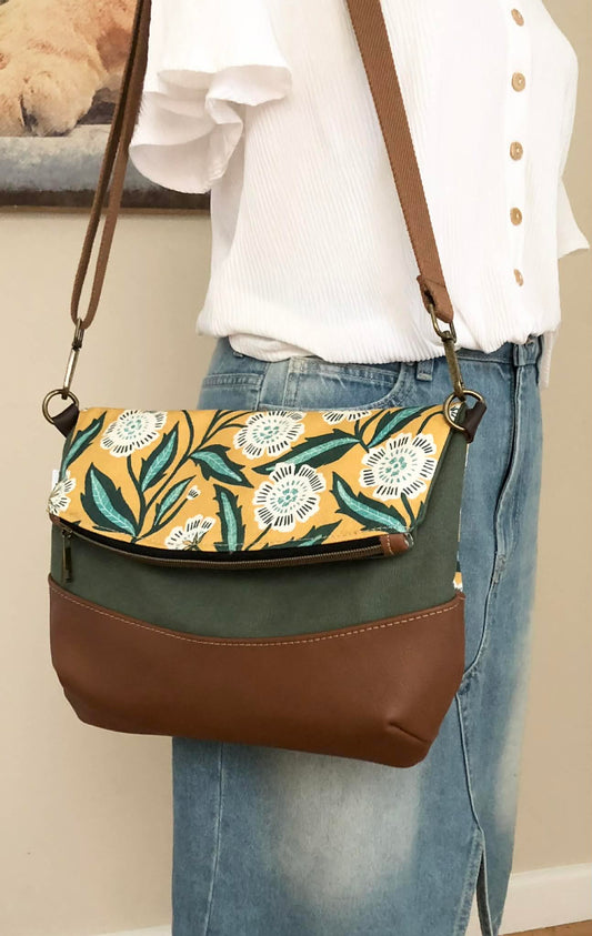 Hovea Fold Over Bag in Tan Brown Leather, Green Canvas and Evarie Print