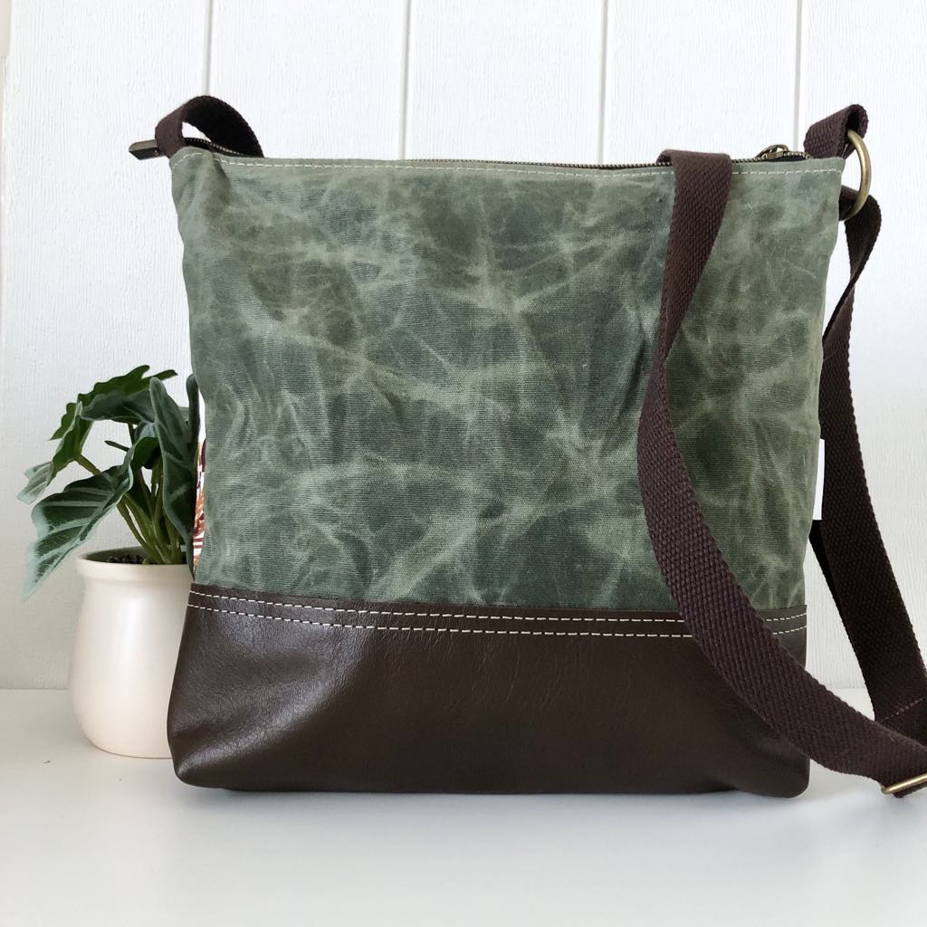 Leather, Waxed Canvas and Leaf Fabric Zipper Handbag