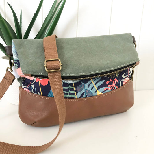 Hovea Fold Over Bag in Tan Brown Leather, Green Canvas and Retro Garden