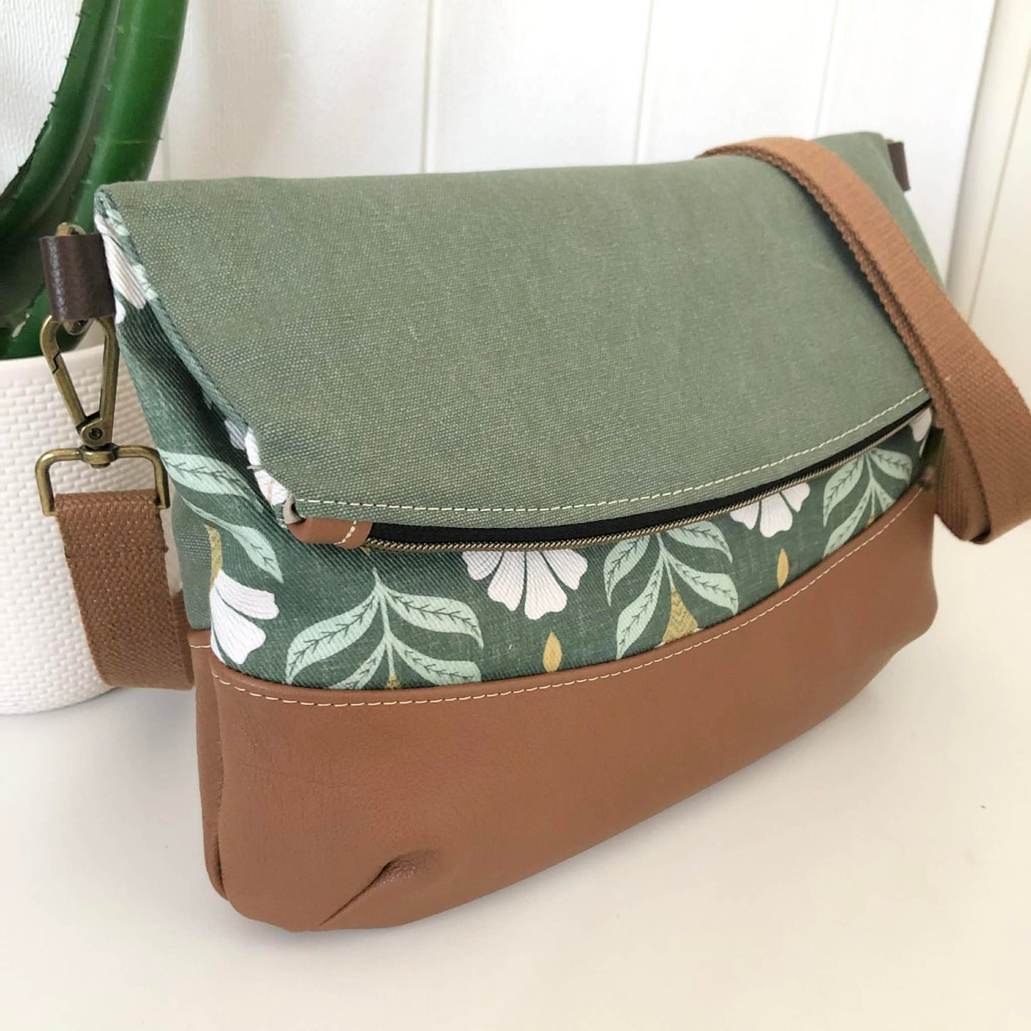 Hovea Fold Over Bag in Tan Brown Leather, Green Canvas and Chiara Print