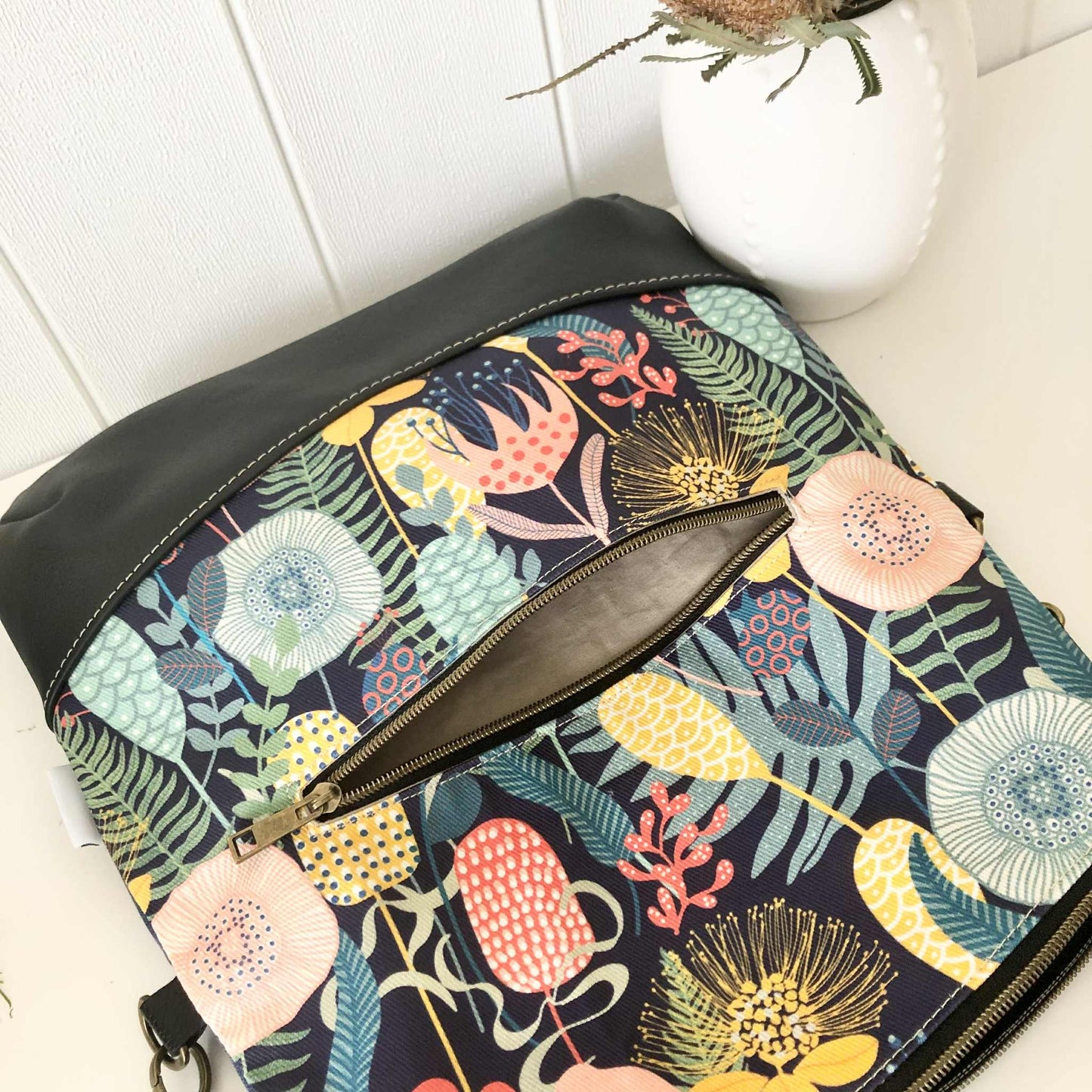 Fold Over Bag in Black Leather, Blue Canvas and Retro Garden