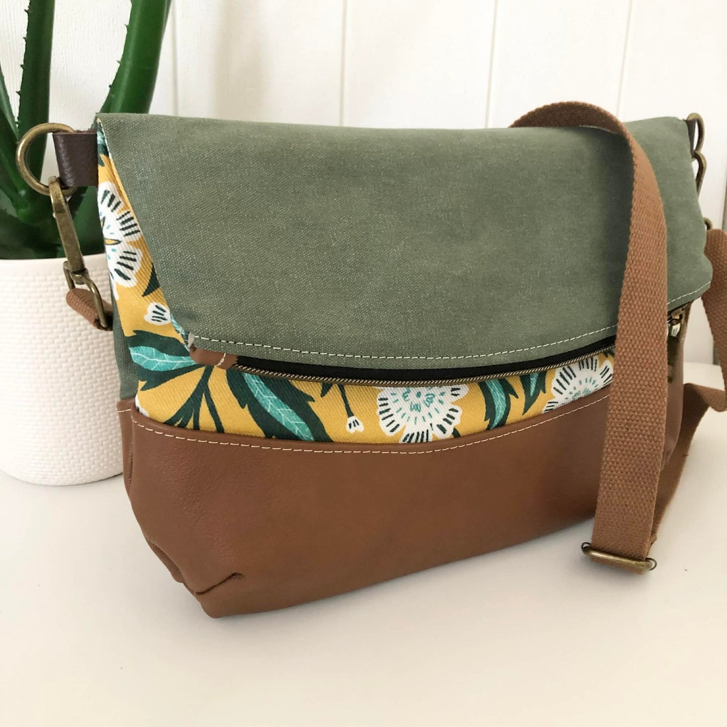Hovea Fold Over Bag in Tan Brown Leather, Green Canvas and Evarie Print