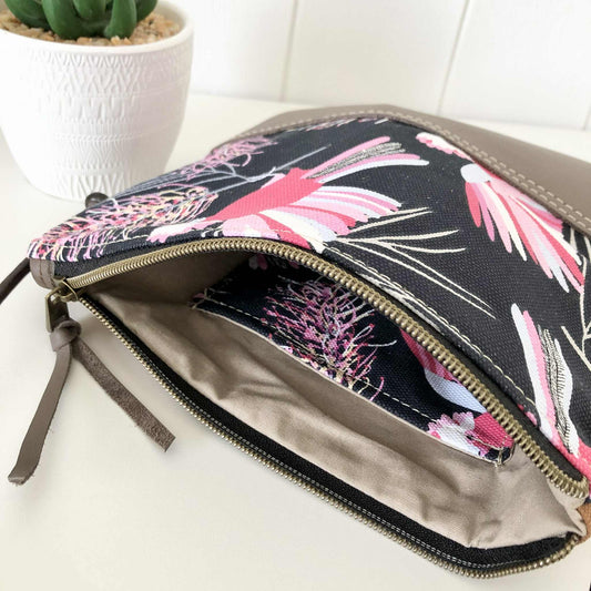 Gumnut Crossbody Bag in Tan Canvas, Brown Leather and Pink Cockatoo