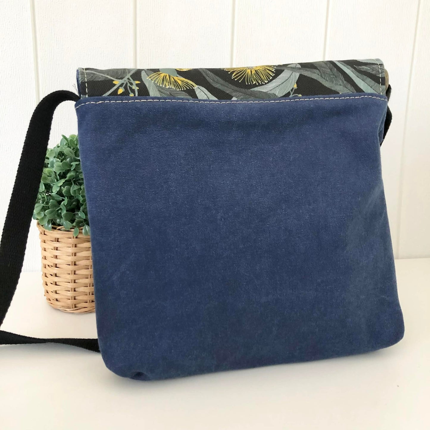 Cassinia Crossbody Bag - Blue Canvas and Black Leather with Yellow Eucalyptus