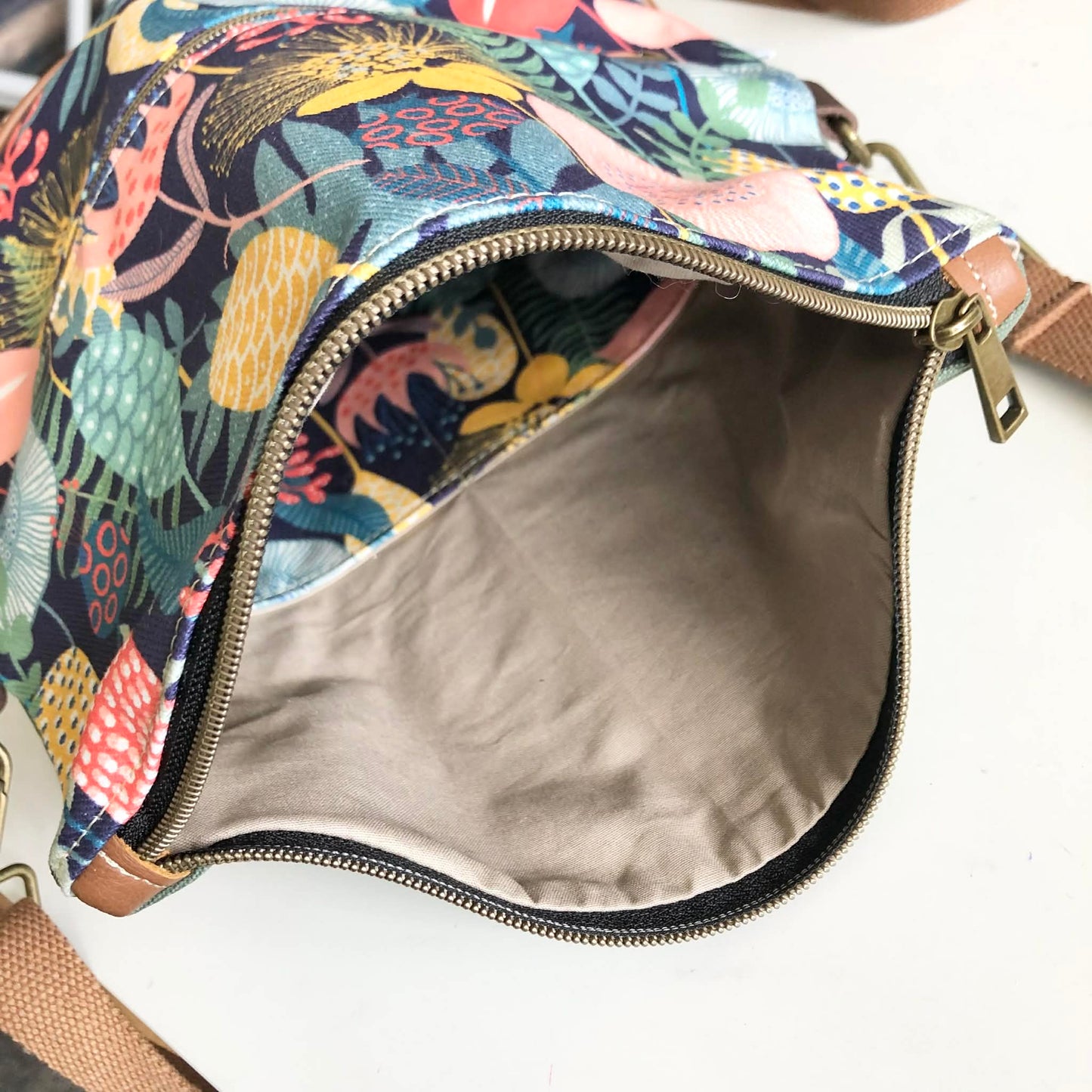 Hovea Fold Over Bag in Tan Brown Leather, Green Canvas and Retro Garden