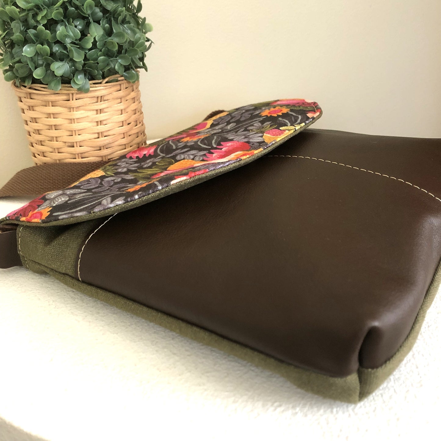 Green Canvas and Brown Leather Crossbody Bag with King White Flower
