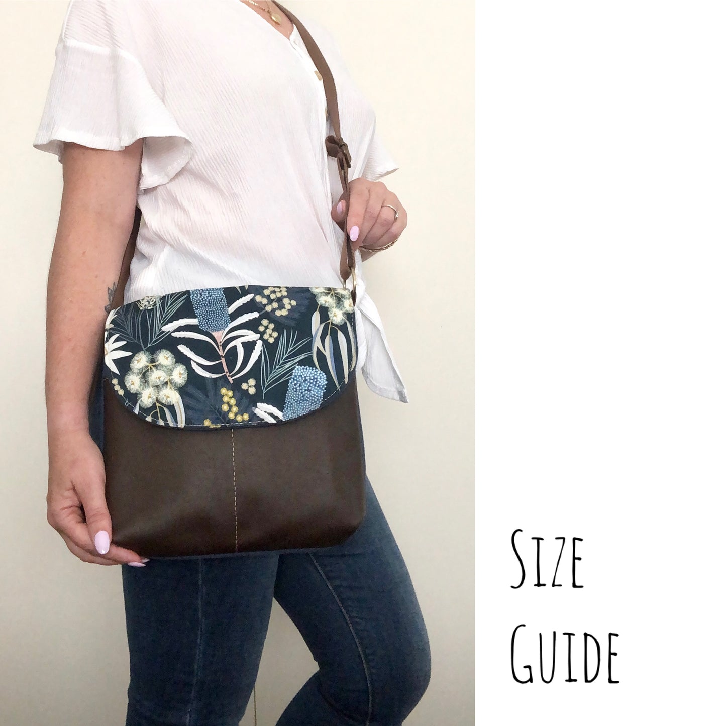 Cassinia Crossbody Bag - Blue Canvas & Black Leather with Floral