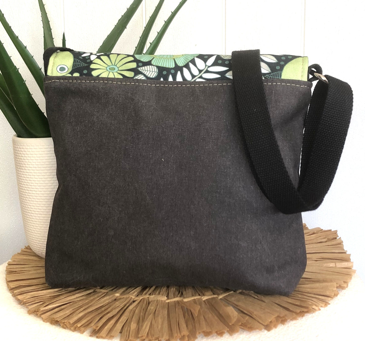 Grey Canvas and Black Leather Crossbody Bag with Green Folk Bird Design