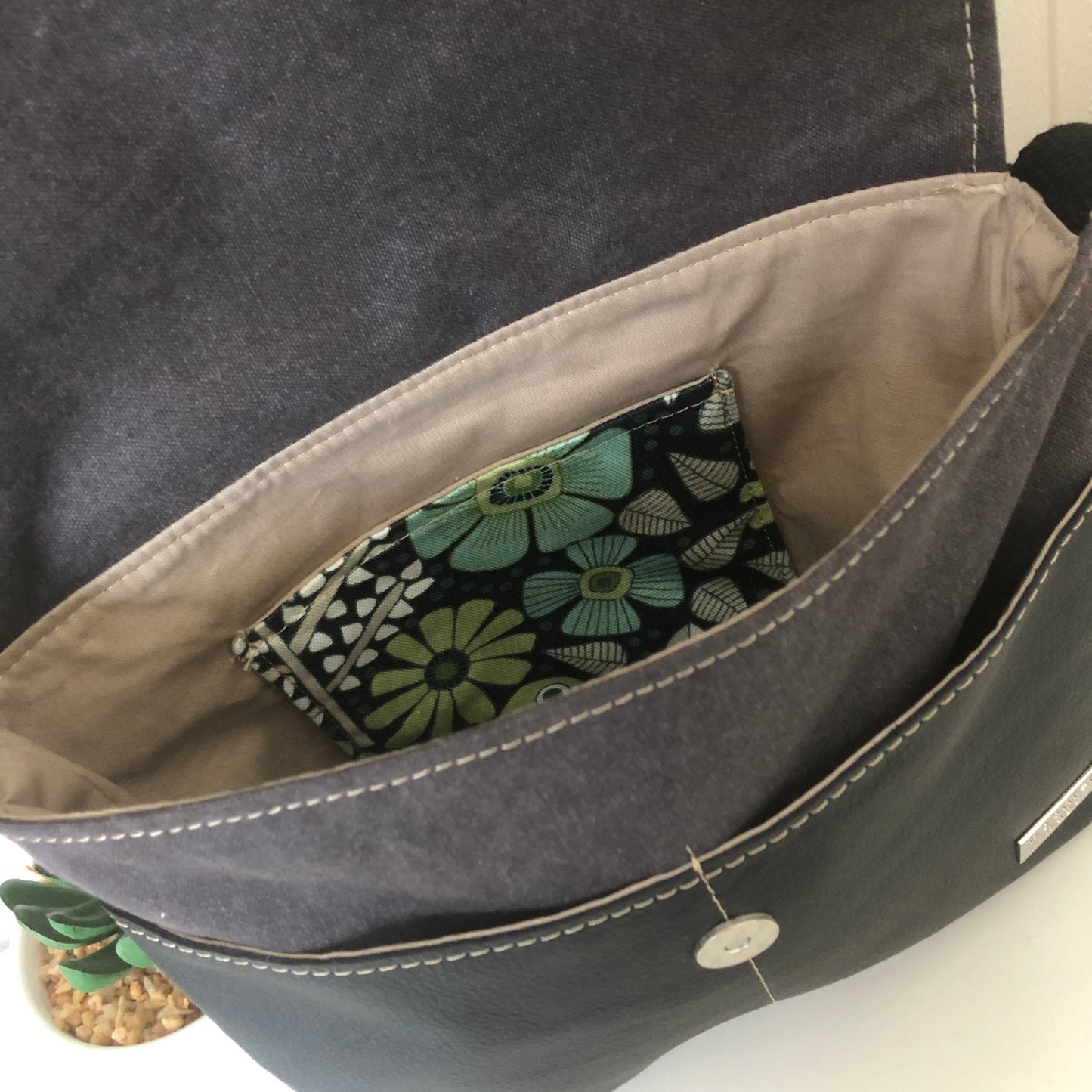 Grey Canvas and Black Leather Crossbody Bag with Green Folk Bird Design