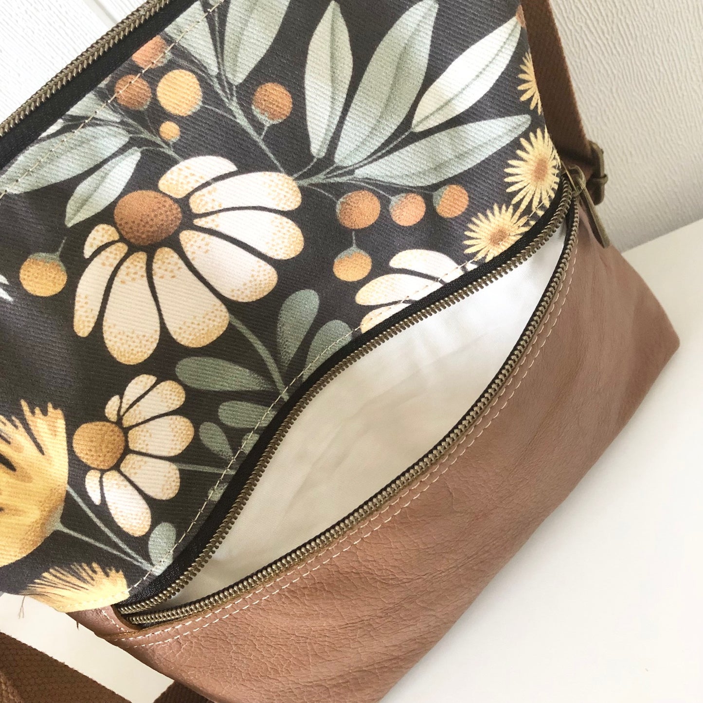floral leather bag inside view