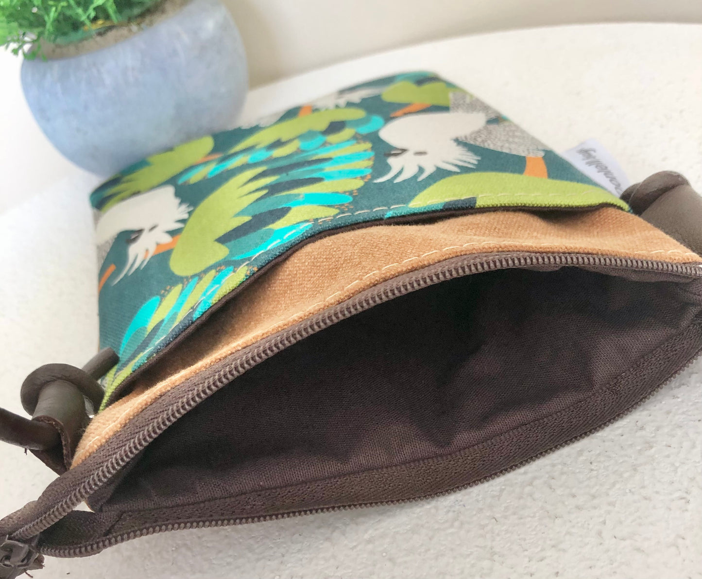 Tan Canvas and White Cockatoo Phone Sling Crossbody Bag