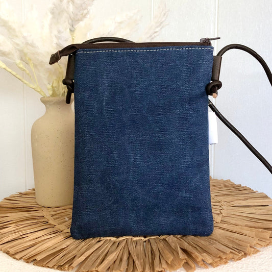 blue canvas phone sling back view