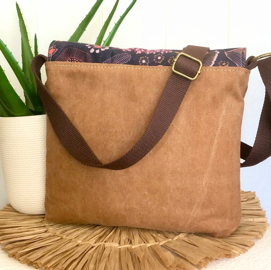 brown canvas cross body bag back view