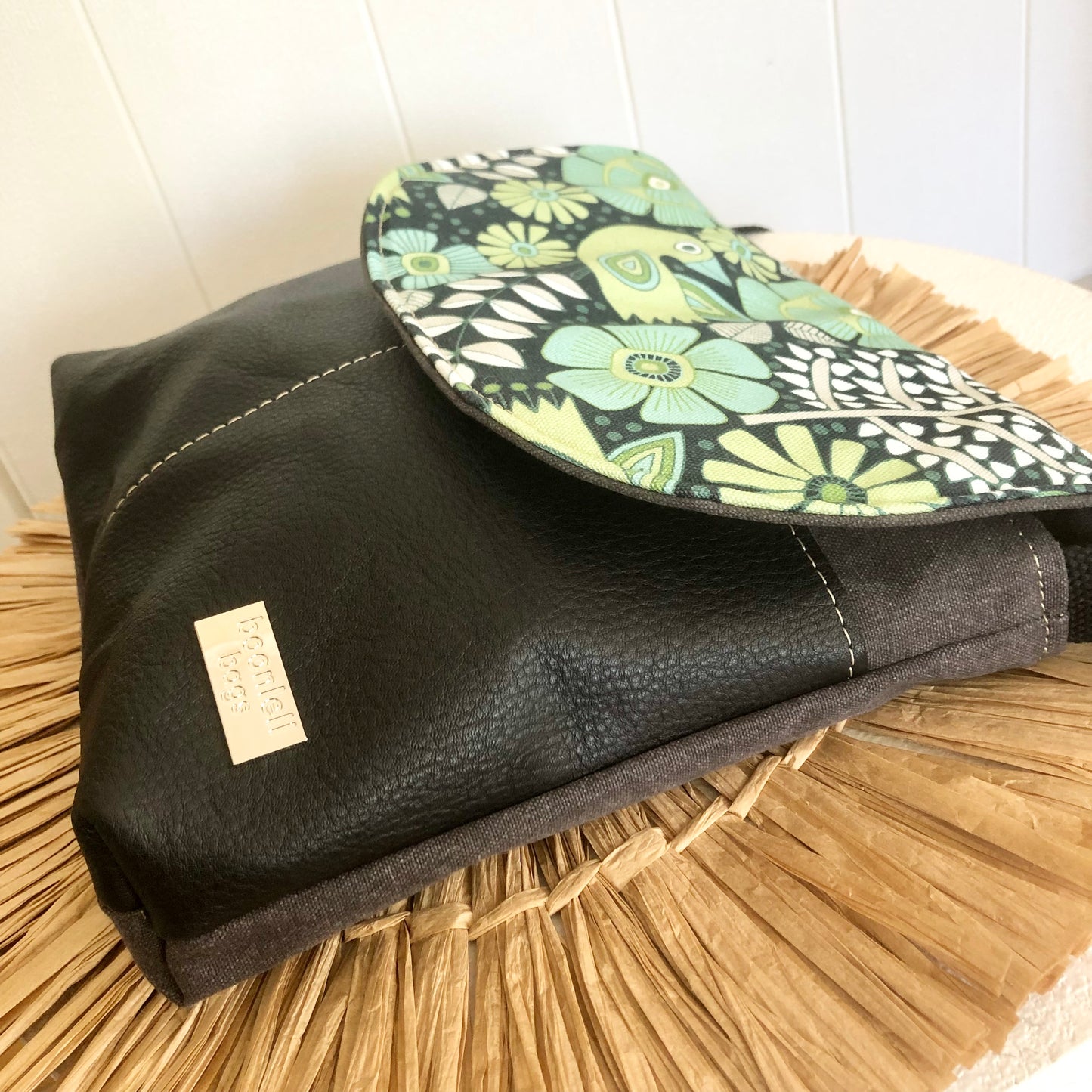 Grey Canvas and Black Leather Crossbody Bag with Green Folk Bird Design
